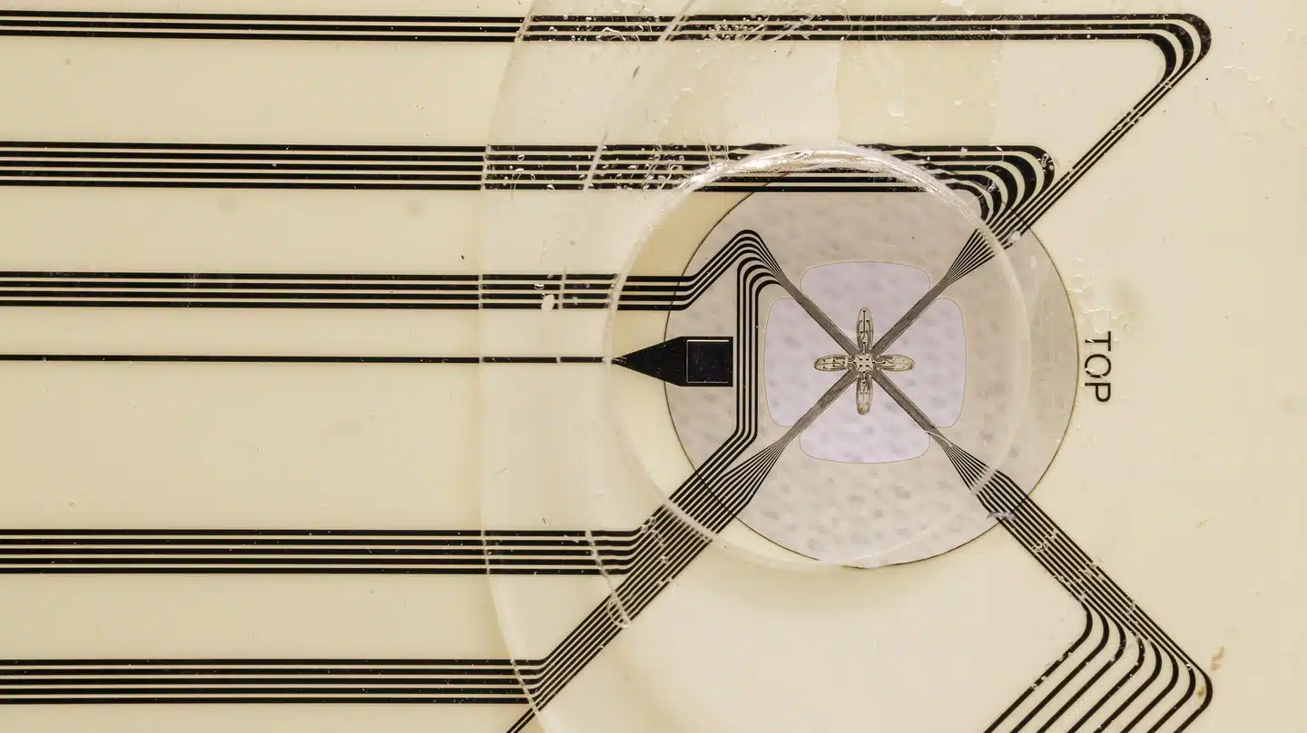 Close-up of electronic circuit details on substrate.