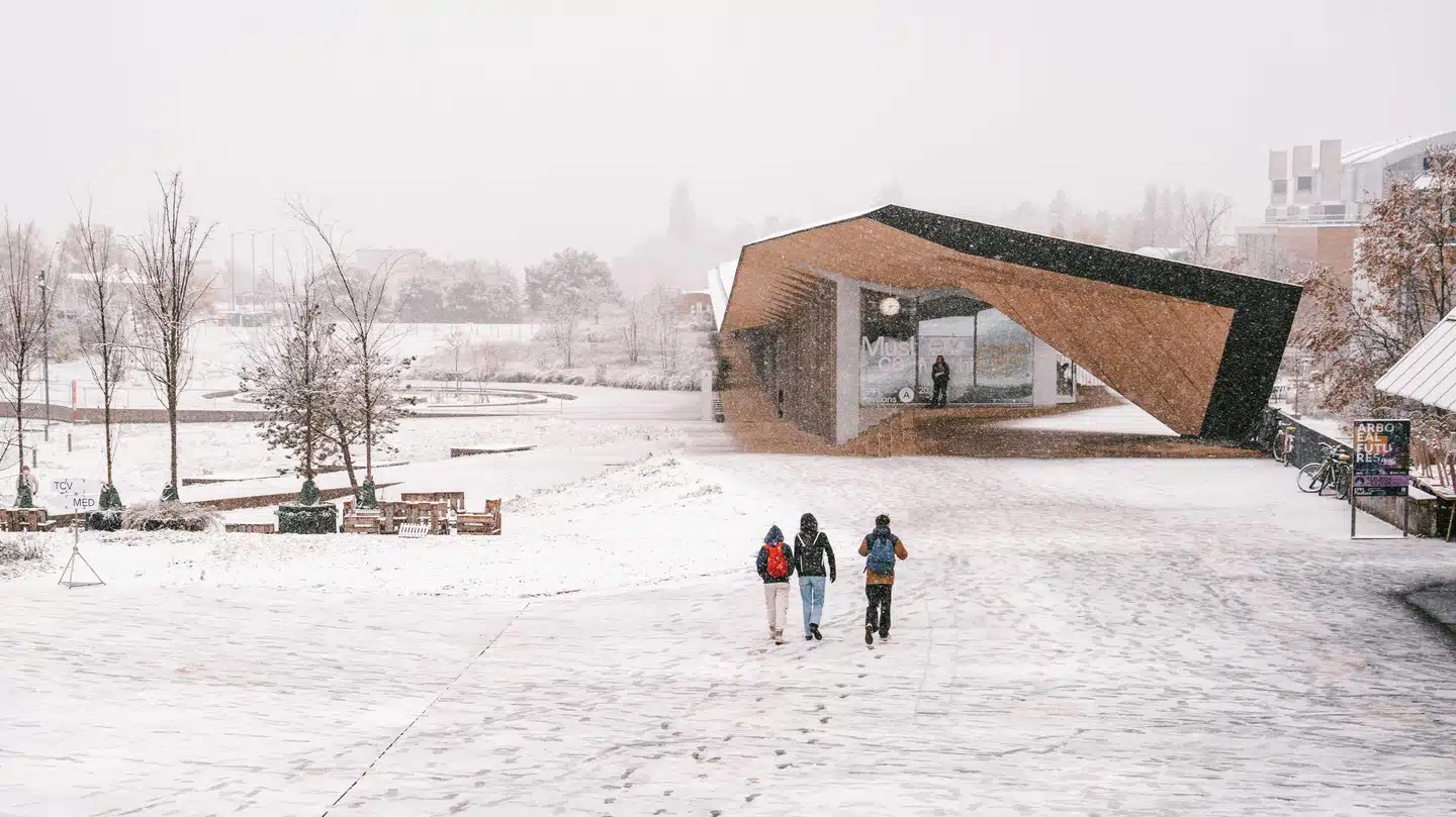 People walking in snowy modern park area.